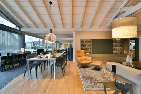 Ess- und Wohnbereich mit Esstisch und Stühle, Sofa, verschiedene Decken- und Pendelleuchten, Holzboden mit Teppich